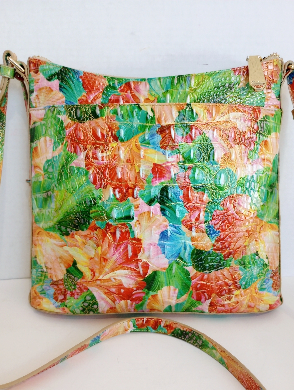 Brahmin Katie Taffy Melbourne Croc Embossed Leather Floral Crossbody Purse - Picture 2 of 13